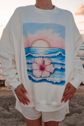 Dreamy Ivory Ocean Sunset Graphic Sweatshirt for Effortless Cozy Style