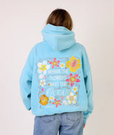 Embroidered Turquoise Hoodie with Coastal Flower Design