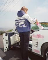 Oversized Blue Hoodie with Racing Heart Patchwork for Effortless Streetwear Style