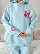 Icy Blue Embroidered Hibiscus Hoodie for Beach Day Style