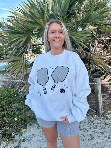 Cozy Pearl Grey Sweatshirt with Delicate Pickleball Embroidery