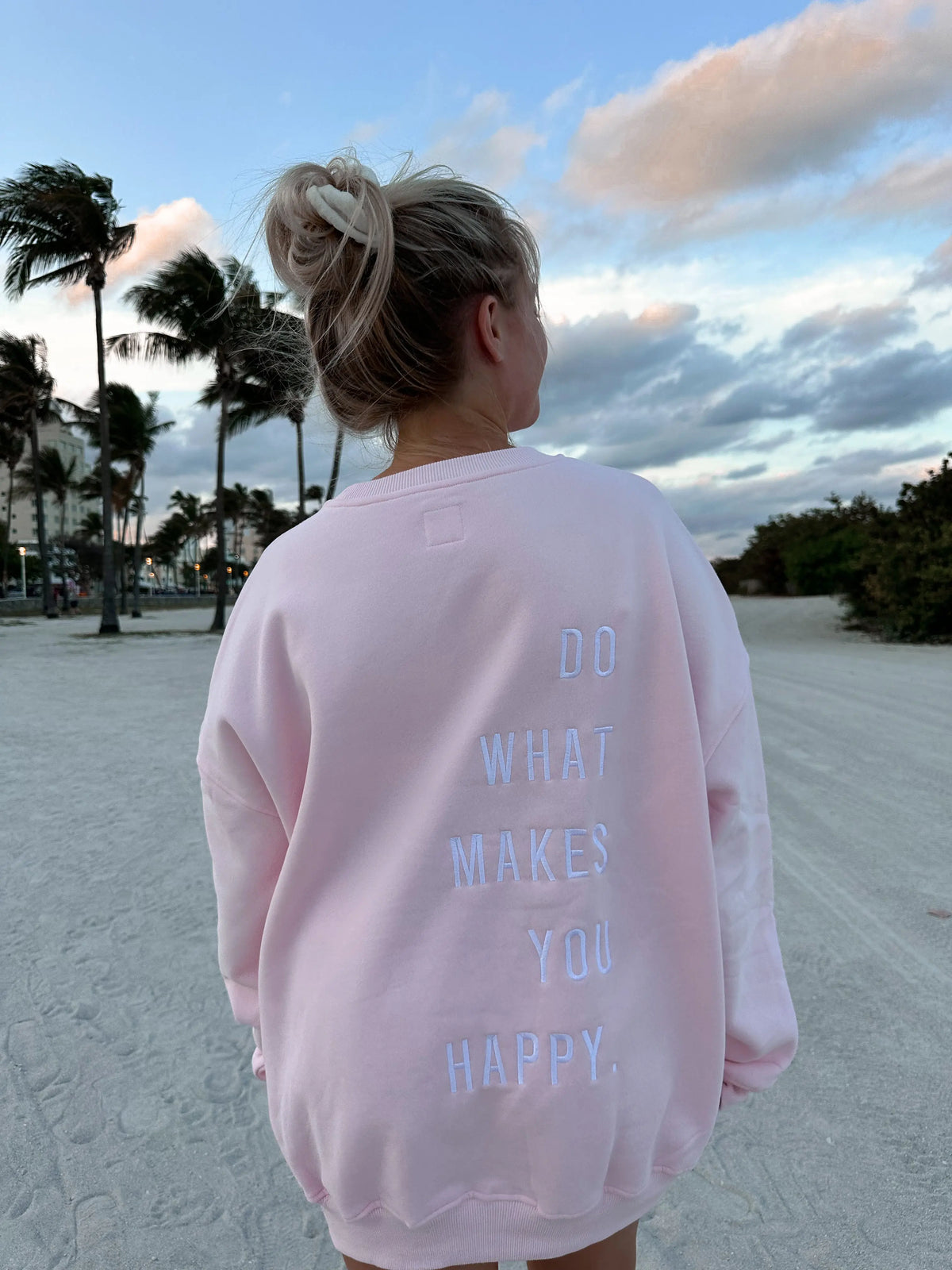 Embroidered Happy Vibes Sweatshirt in Soft Blush Pink