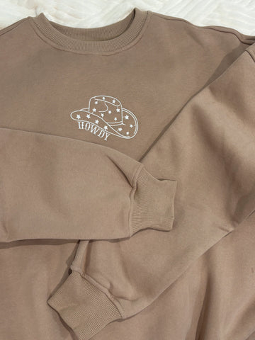 Cozy Embroidered Sweatshirt with Playful Cappuccino Howdy Design