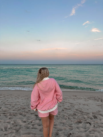 Bold Striped Mockneck Sweatshirt in Dark Pink and White for a Cozy Statement