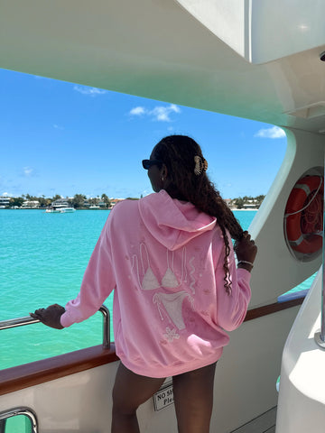 Oversized Pink Beaded Hoodie for Effortless Beachside Style