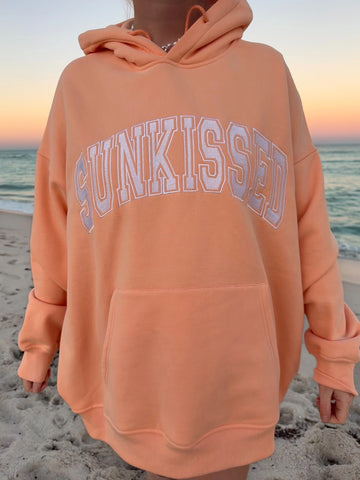 Vibrant Sherbet Orange Varsity Hoodie with Embroidered Details