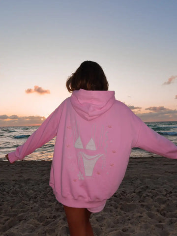 Oversized Pink Beaded Hoodie for Effortless Beachside Style