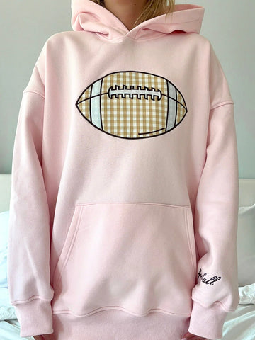 Light Pink Gingham Hoodie with Embroidered Football for Game Day Style
