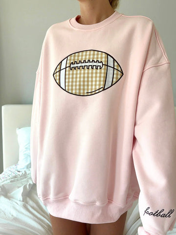Soft Pink Gingham Football Embroidered Sweatshirt for Game Day Style