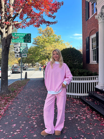 Bold Striped Mockneck Sweatshirt in Dark Pink and White for a Cozy Statement