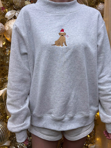 Cozy Pearl Grey Christmas Sweatshirt with Embroidered Santa Dog