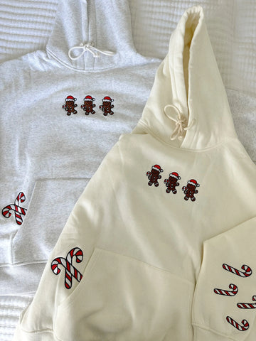 Pearl Grey Cozy Hoodie with Festive Gingerbread Recipe Embroidery