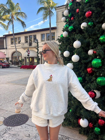 Cozy Pearl Grey Christmas Sweatshirt with Embroidered Santa Dog