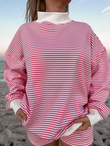Bold Striped Mockneck Sweatshirt in Dark Pink and White for a Cozy Statement