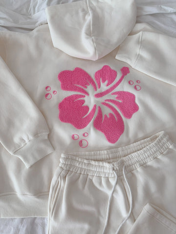 Ivory Floral Hoodie with Hibiscus Print for Everyday Boho Style