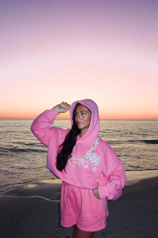 Tropical Embroidery Hoodie in Vibrant Hibiscus Pink for Boho Summer Style
