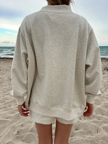 Oversized Oat Milk Grey Sweatshirt with Sun Kissed Embroidery | Cozy Cotton Mockneck