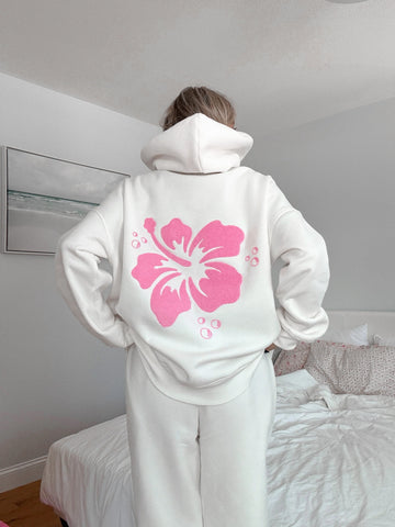 Ivory Floral Hoodie with Hibiscus Print for Everyday Boho Style