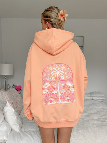 Vibrant Sherbet Orange Hoodie with Tropical Palms Print