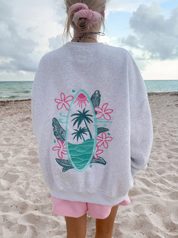Effortless Pearl Grey Sweatshirt with Surfing The Waves Embroidery