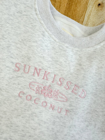 Pearl Grey Embroidered Sweatshirt with Pink Floral Thread