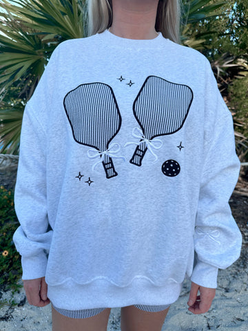 Cozy Pearl Grey Sweatshirt with Delicate Pickleball Embroidery