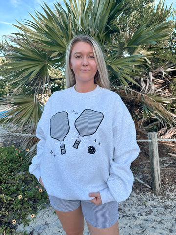 Cozy Pearl Grey Sweatshirt with Delicate Pickleball Embroidery