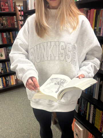 Pearl Grey Mockneck Sweatshirt with Embroidered Varsity Style