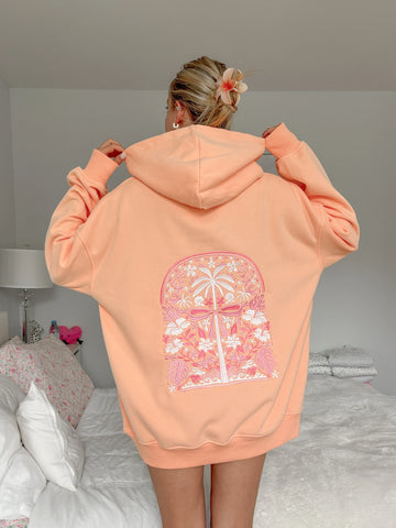 Vibrant Sherbet Orange Hoodie with Tropical Palms Print