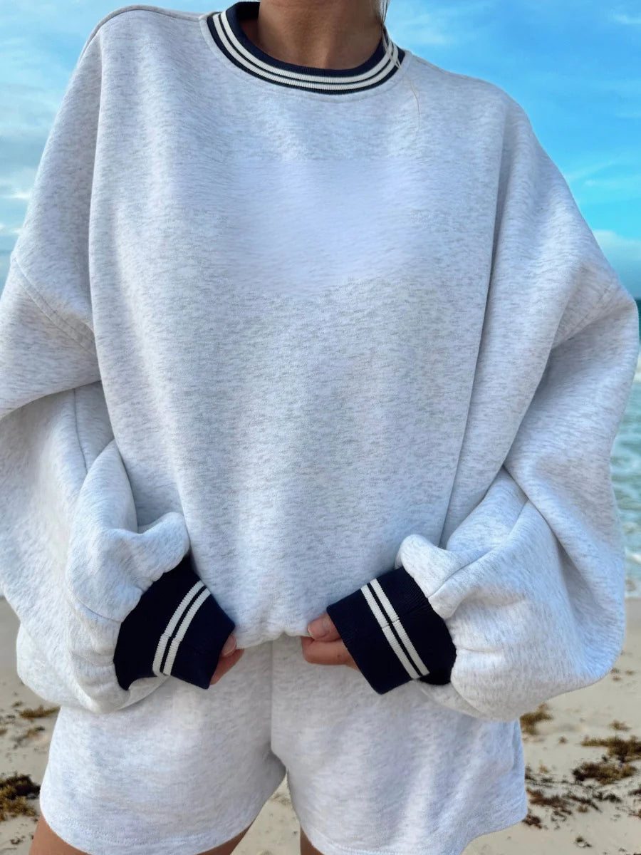 Pearl Grey and Navy Preppy Crewneck Sweatshirt for Effortless Style