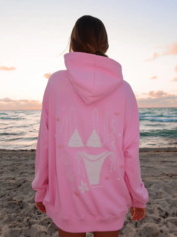 Oversized Pink Beaded Hoodie for Effortless Beachside Style