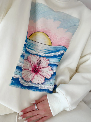 Dreamy Ivory Ocean Sunset Graphic Sweatshirt for Effortless Cozy Style