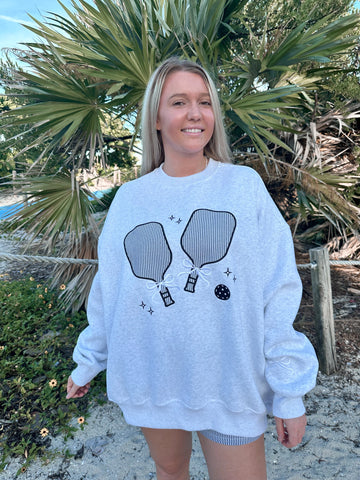 Cozy Pearl Grey Sweatshirt with Delicate Pickleball Embroidery