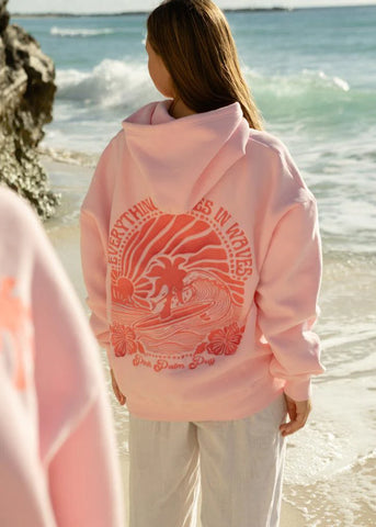 Pink Embroidered Hoodie with Inspirational Wave Design for Everyday Comfort