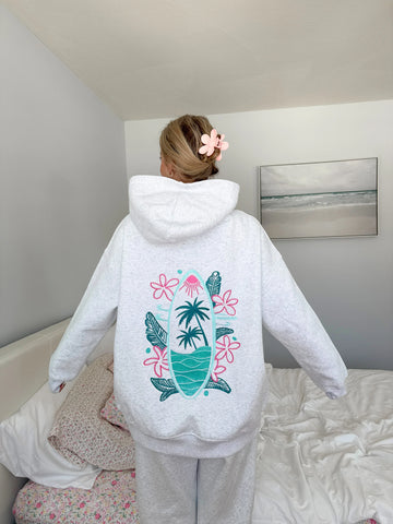 Pearl Grey Embroidered Hoodie with Surf Wave Design for Effortless Street Style