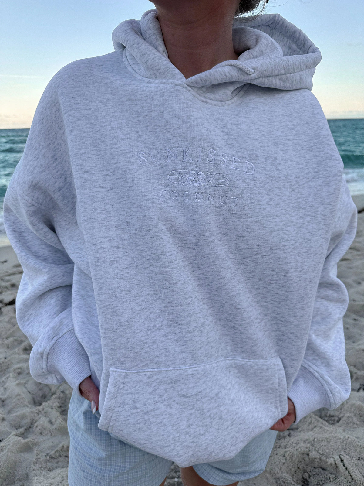 Pearl Grey Embroidered Hoodie with White Thread Detail