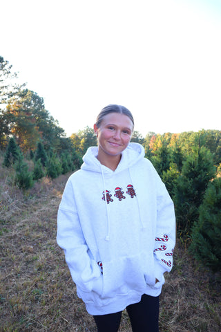Pearl Grey Cozy Hoodie with Festive Gingerbread Recipe Embroidery
