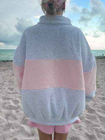Pearl Grey Quarter Zip Sweatshirt with Pink Floral Embroidery