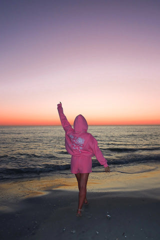 Tropical Embroidery Hoodie in Vibrant Hibiscus Pink for Boho Summer Style