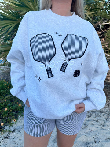 Cozy Pearl Grey Sweatshirt with Delicate Pickleball Embroidery