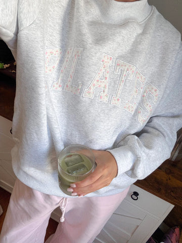 Pearl Grey Mockneck Sweatshirt with Pilates Embroidery - Effortless Everyday Elegance