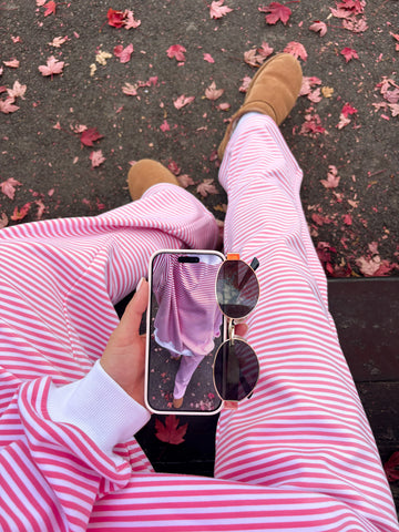 Bold Striped Mockneck Sweatshirt in Dark Pink and White for a Cozy Statement