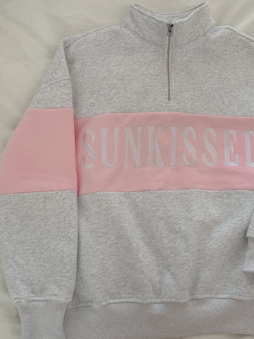 Pearl Grey Quarter Zip Sweatshirt with Pink Floral Embroidery