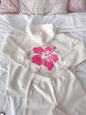 Ivory Floral Hoodie with Hibiscus Print for Everyday Boho Style