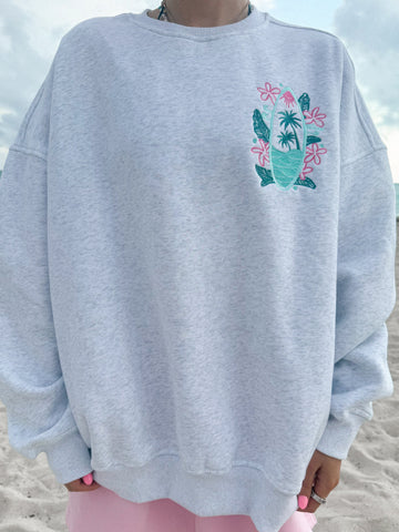 Effortless Pearl Grey Sweatshirt with Surfing The Waves Embroidery