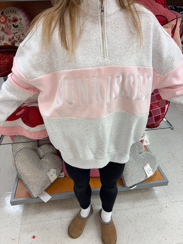 Pearl Grey Quarter Zip Sweatshirt with Pink Floral Embroidery