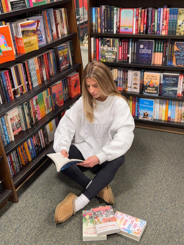 Pearl Grey Mockneck Sweatshirt with Embroidered Varsity Style