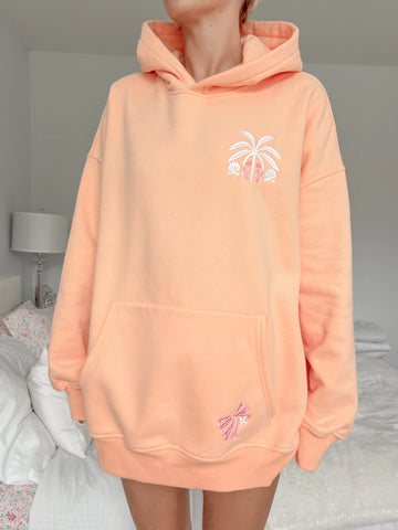 Vibrant Sherbet Orange Hoodie with Tropical Palms Print