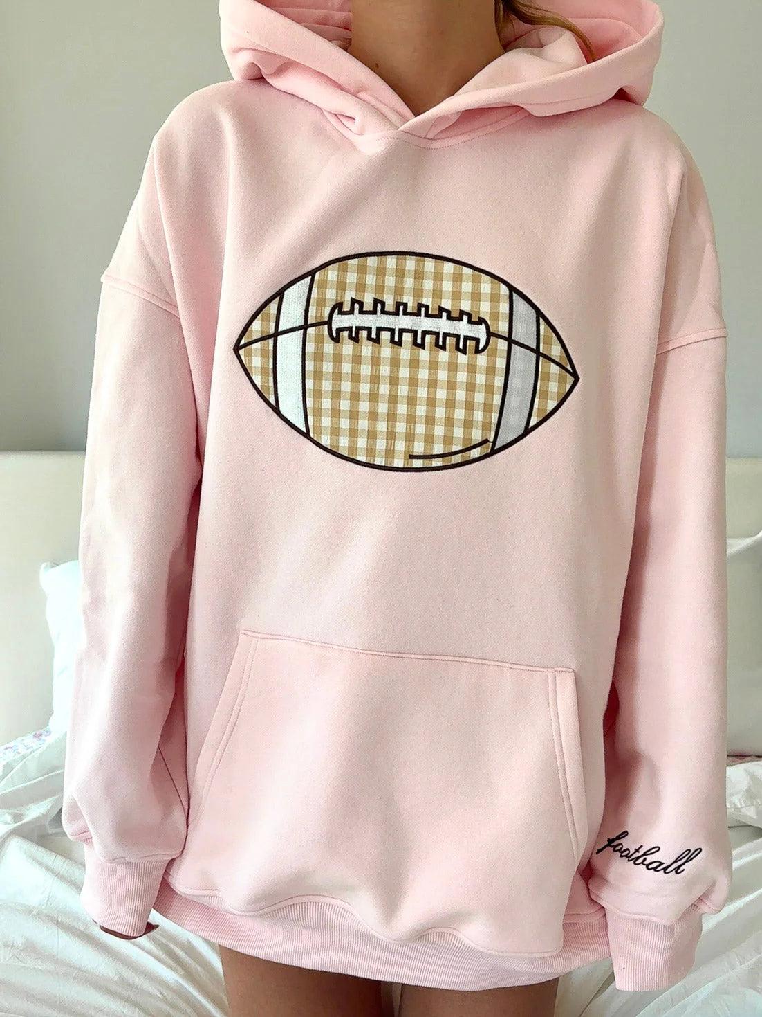 Light Pink Gingham Hoodie with Embroidered Football for Game Day Style