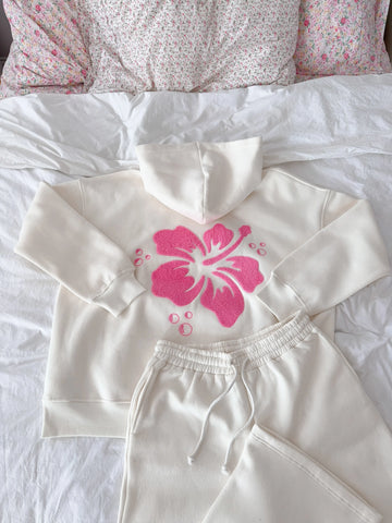 Ivory Floral Hoodie with Hibiscus Print for Everyday Boho Style